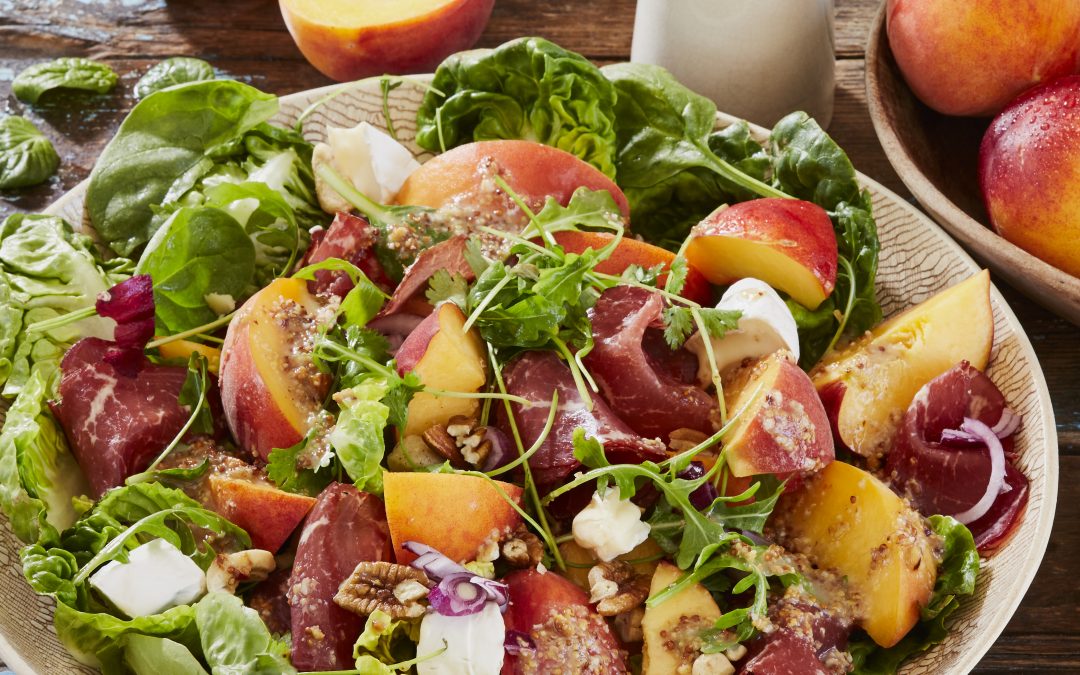 Dessert Peaches and Biltong Salad with Nutty Dressing