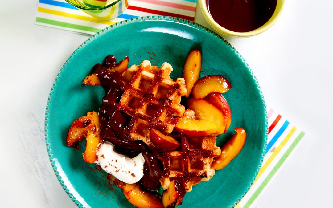 Peachy Plum Waffles with Chocolate Drizzle