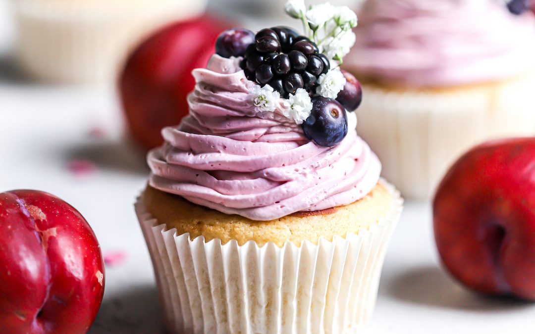 Vegan Vanilla Frosted Plum Cupcakes