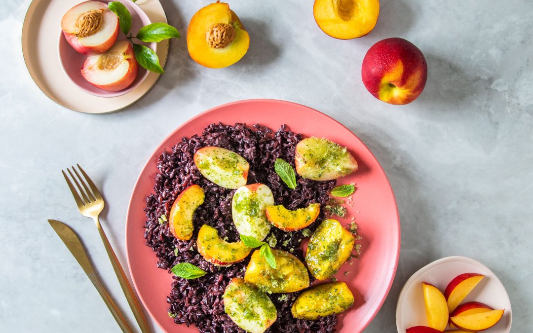 Sticky Black Rice with Lime and Mint Coated Nectarines
