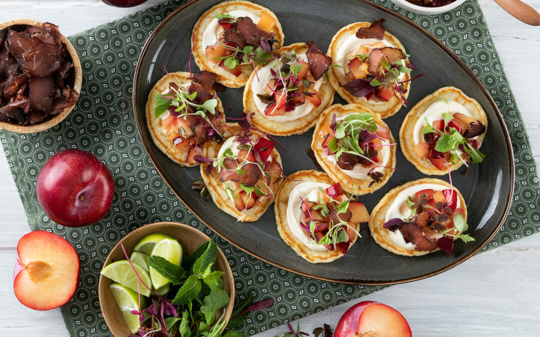 Biltong, Plum & Mint Salsa Blinis