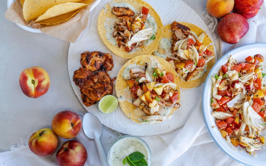 Harissa Yoghurt Marinated Chicken with Charred Nectarines, Fennel, Tomato, Feta Salsa & Mint Dressing