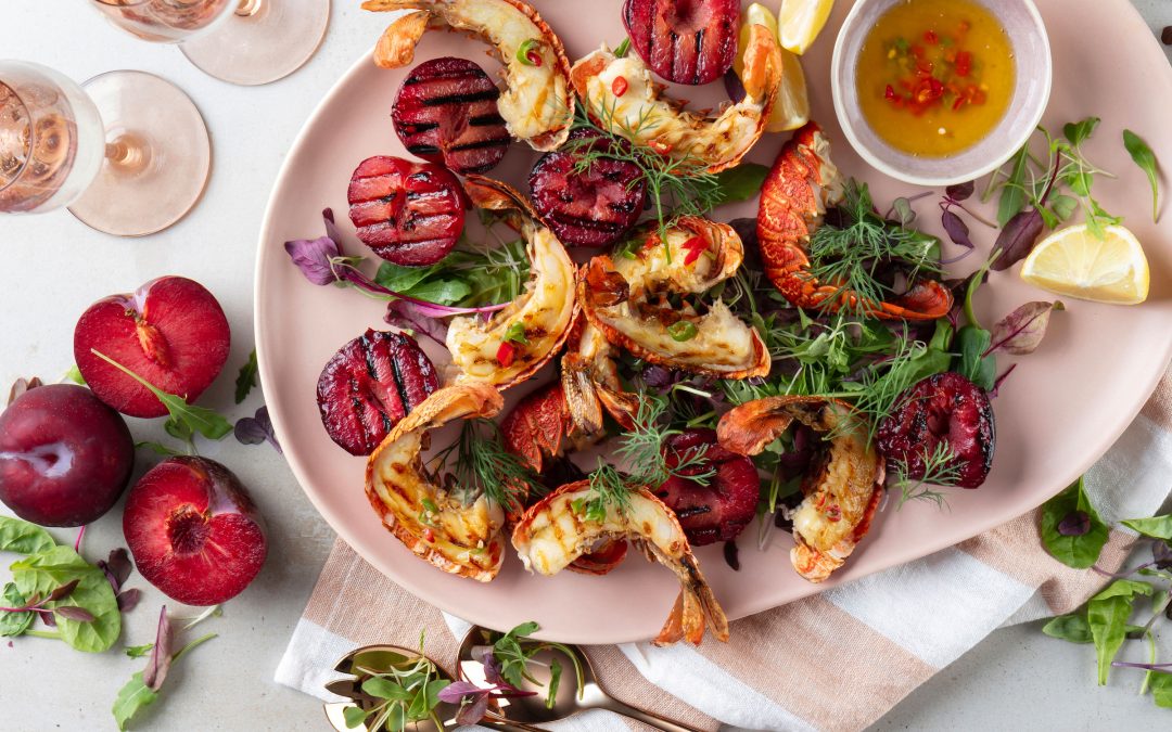 Crayfish Tails or King Prawns with Grilled Plums & Chilli Butter