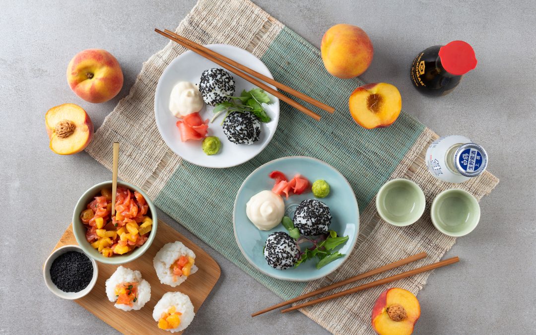Smoked Salmon & Peach Sushi Rice Balls Encrusted with Toasted Black Sesame Seeds