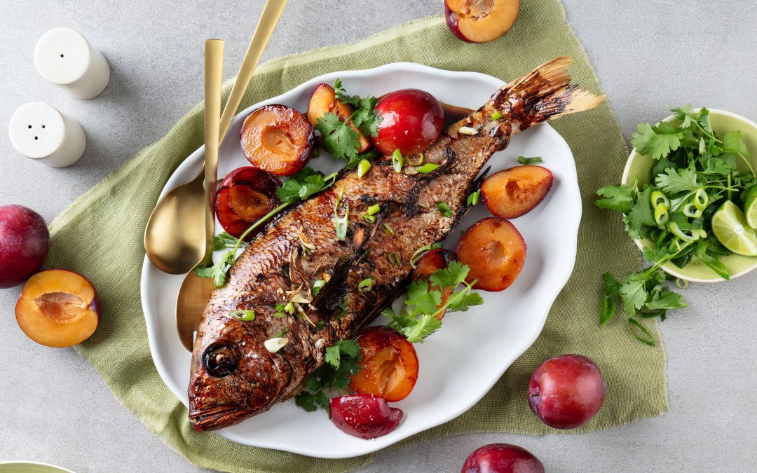 Whole Baked Snoek with Peach and Rosemary Butter